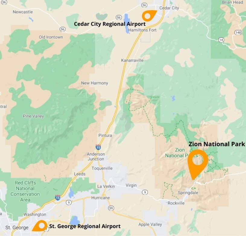 How To Get To Zion National Park Best Airports And Roads Dirt In My   Zion Regional Airports Map 815x783 